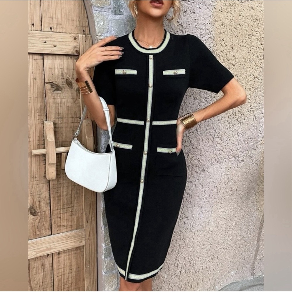 Knit mix Women's Body-con Contrast Trim Button Detail Pockets Knit Dress Small